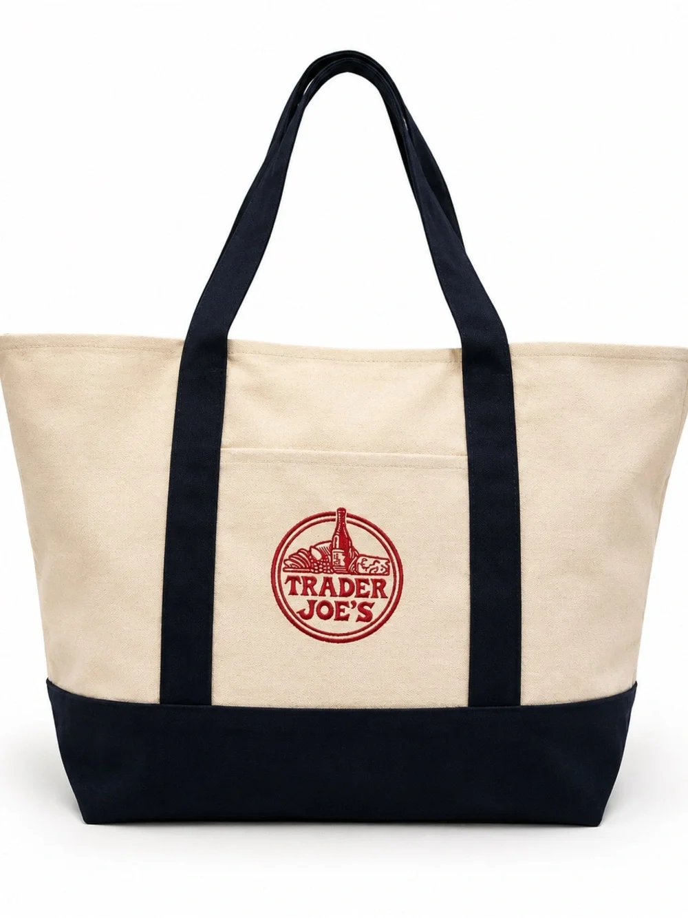 Trader Joe’s Large Canvas Tote Bag Black & Natural Embroidered Logo